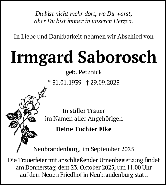 Traueranzeige von Irmgard Saborosch von Nordkurier Neubrandenburger Zeitung