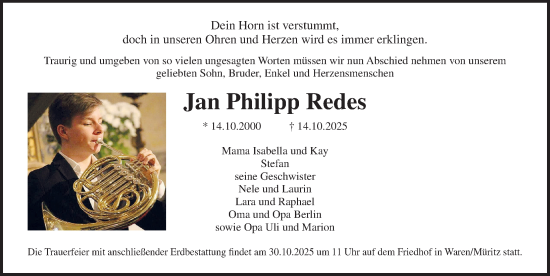 Traueranzeige von Jan Philipp Redes von Norddeutsche Neueste Nachrichten