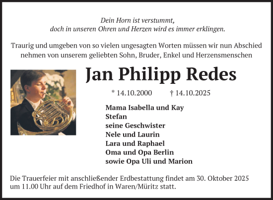 Traueranzeige von Jan Philipp Redes von Nordkurier Müritz-Zeitung