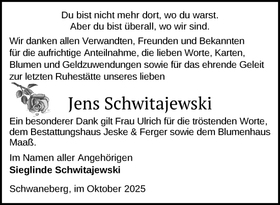 Traueranzeige von Jens Schwitajewski von Uckermark Kurier Prenzlauer Zeitung