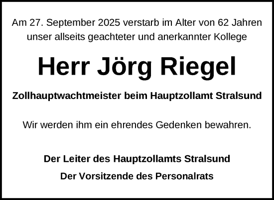 Traueranzeige von Jörg Riegel von Nordkurier Pasewalker Zeitung
