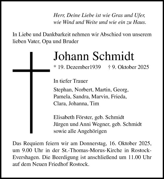 Traueranzeige von Johann Schmidt von Norddeutsche Neueste Nachrichten