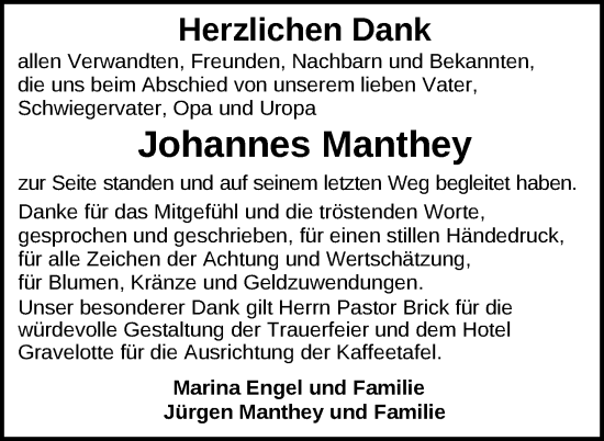 Traueranzeige von Johannes Manthey von Nordkurier Demminer Zeitung