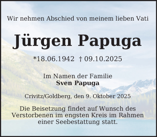 Traueranzeige von Jürgen Papuga von Zeitung für die Landeshauptstadt