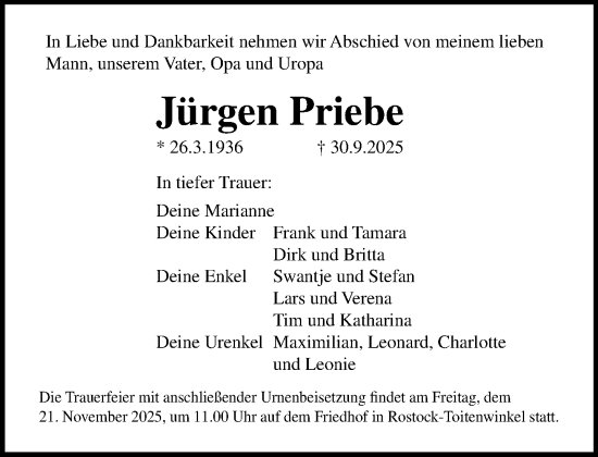 Traueranzeige von Jürgen Priebe von Norddeutsche Neueste Nachrichten