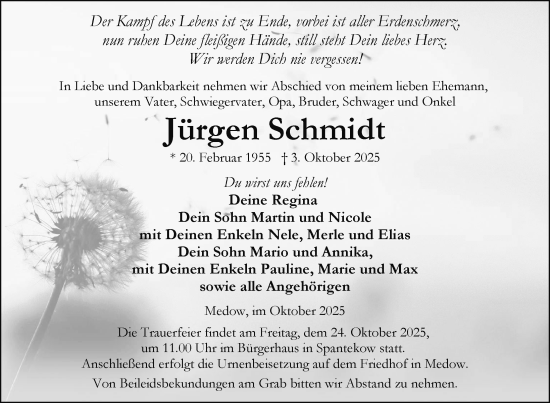 Traueranzeige von Jürgen Schmidt von Nordkurier Vorpommern Kurier