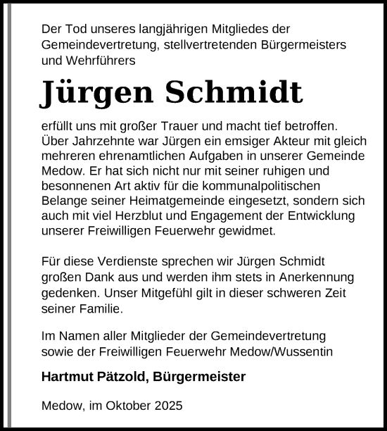 Traueranzeige von Jürgen Schmidt von Nordkurier Vorpommern Kurier