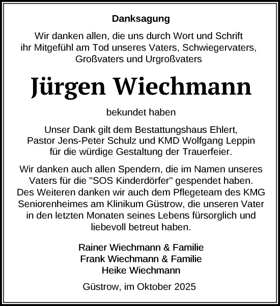 Traueranzeige von Jürgen Wiechmann von Güstrow und Bützow