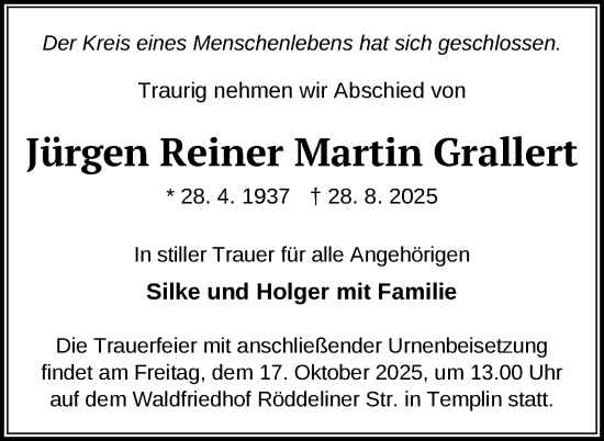 Traueranzeige von Jürgen Reiner Martin Grallert von Uckermark Kurier Templiner Zeitung