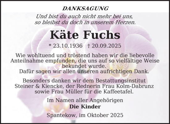 Traueranzeige von Käte Fuchs von Nordkurier Vorpommern Kurier