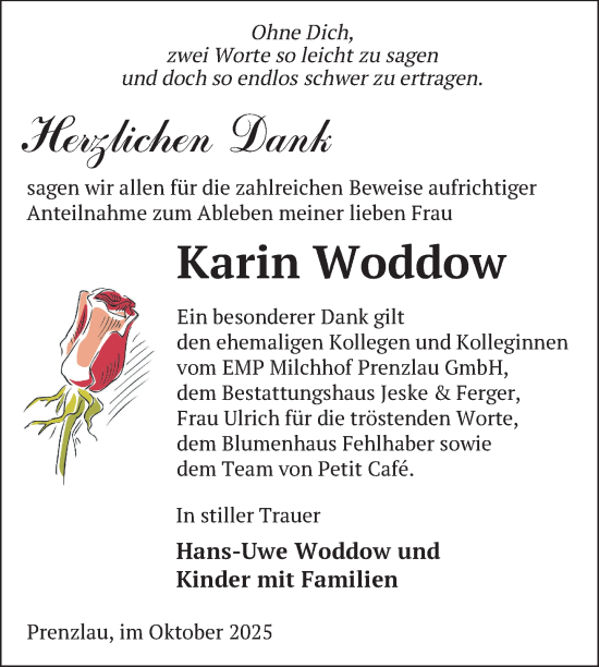 Traueranzeige von Karin Woddow von Uckermark Kurier Prenzlauer Zeitung
