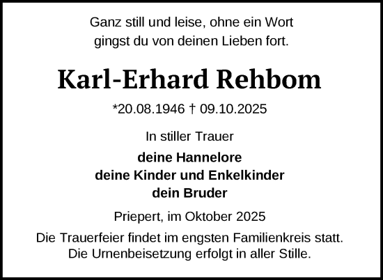 Traueranzeige von Karl-Erhard Rehbom von Nordkurier Strelitzer Zeitung