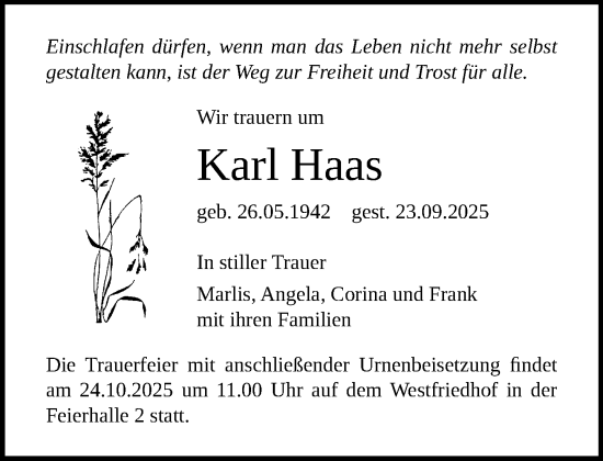 Traueranzeige von Karl Haas von Norddeutsche Neueste Nachrichten