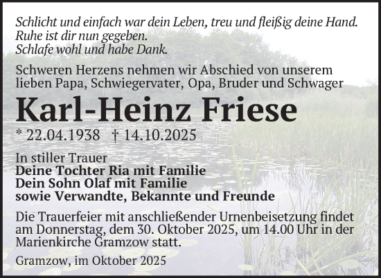Traueranzeige von Karl-Heinz Friese von Uckermark Kurier Prenzlauer Zeitung