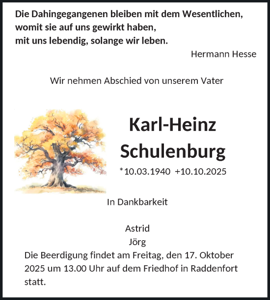 Traueranzeige von Karl-Heinz Schulenburg von Ludwigsluster Tageblatt