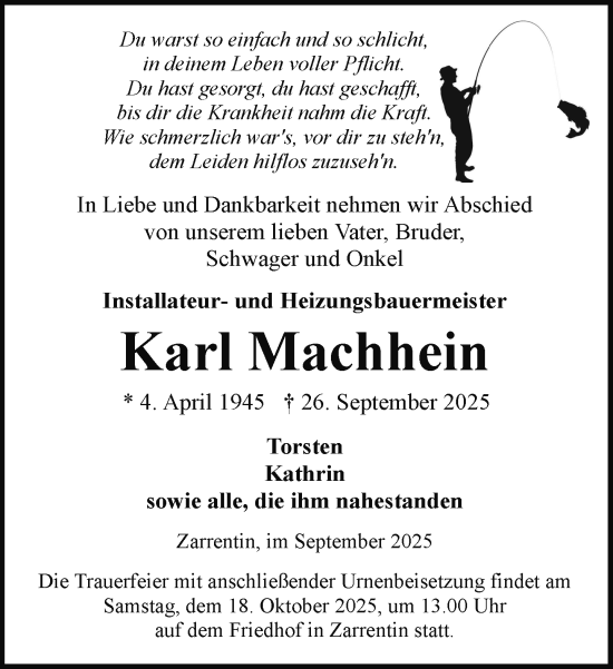 Traueranzeige von Karl Machhein von Hagenower Kreisblatt