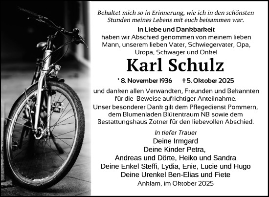 Traueranzeige von Karl Schulz von Nordkurier Vorpommern Kurier