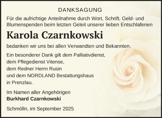 Traueranzeige von Karola Czarnkowski von Uckermark Kurier Prenzlauer Zeitung