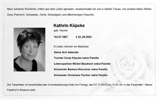 Traueranzeige von Kathrin Köpcke von Norddeutsche Neueste Nachrichten