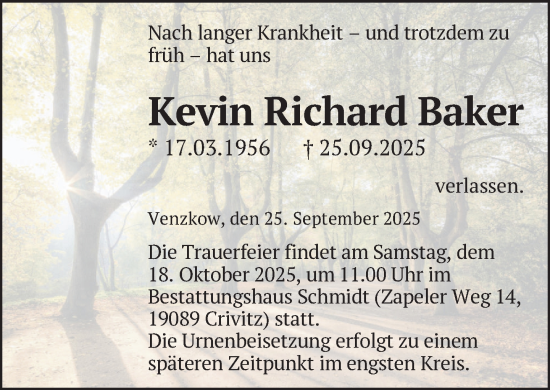 Traueranzeige von Kevin Richard Baker von Zeitung für die Landeshauptstadt