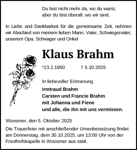 Traueranzeige von Klaus Brahm von Ludwigsluster Tageblatt
