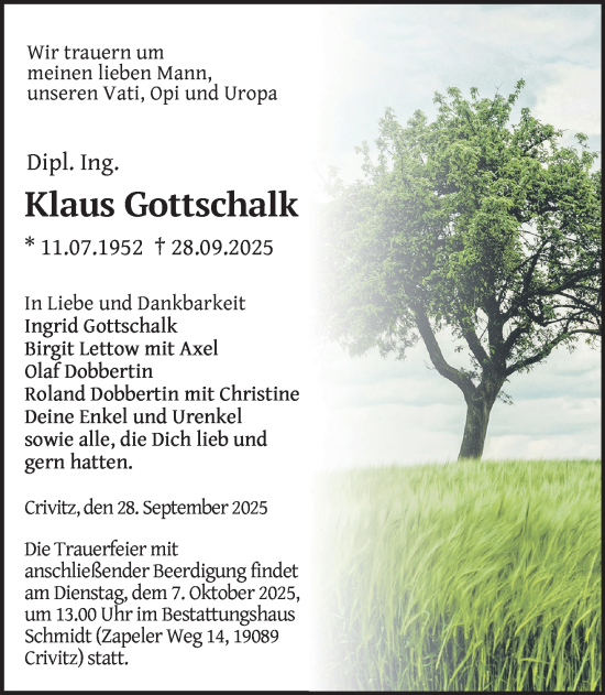 Traueranzeige von Klaus Gottschalk von Zeitung für die Landeshauptstadt