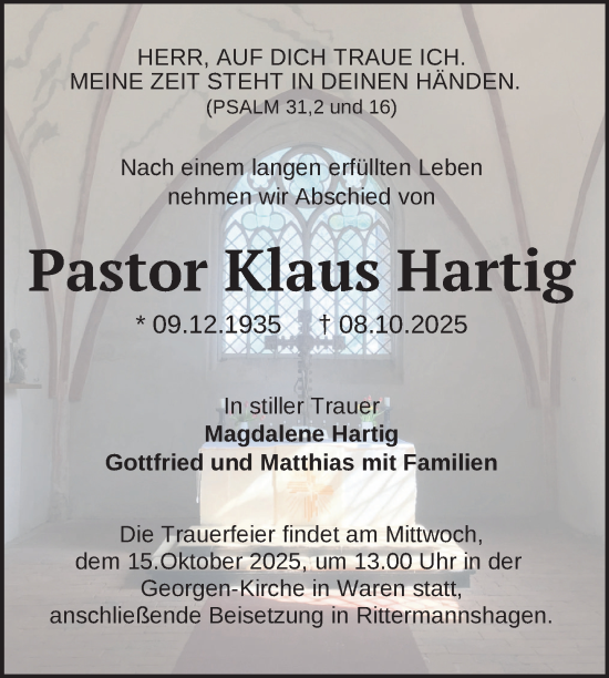 Traueranzeige von Klaus Hartig von Nordkurier Müritz-Zeitung