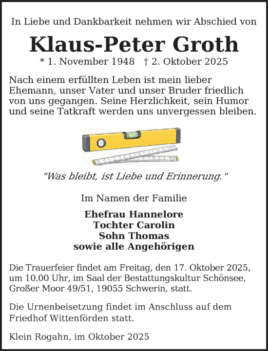 Traueranzeige von Klaus-Peter Groth von Zeitung für die Landeshauptstadt