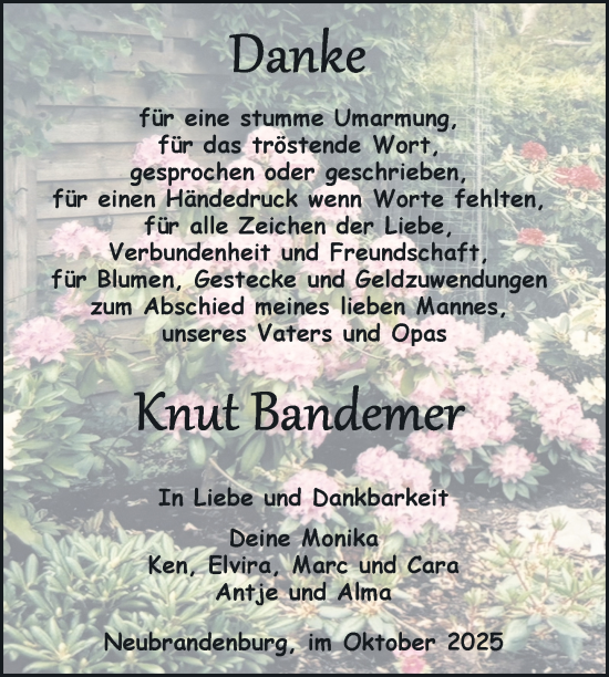 Traueranzeige von Knut Bandemer von Nordkurier Neubrandenburger Zeitung