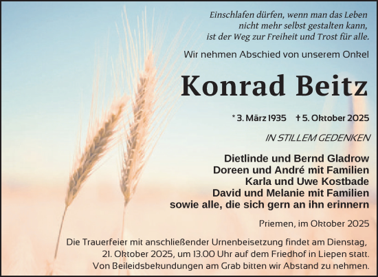 Traueranzeige von Konrad Beitz von Nordkurier Vorpommern Kurier