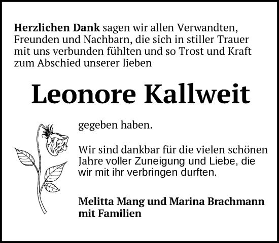 Traueranzeige von Leonore Kallweit von Gadebusch - Rehnaer Zeitung