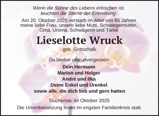 Traueranzeige von Lieselotte Wruck von Nordkurier Vorpommern Kurier