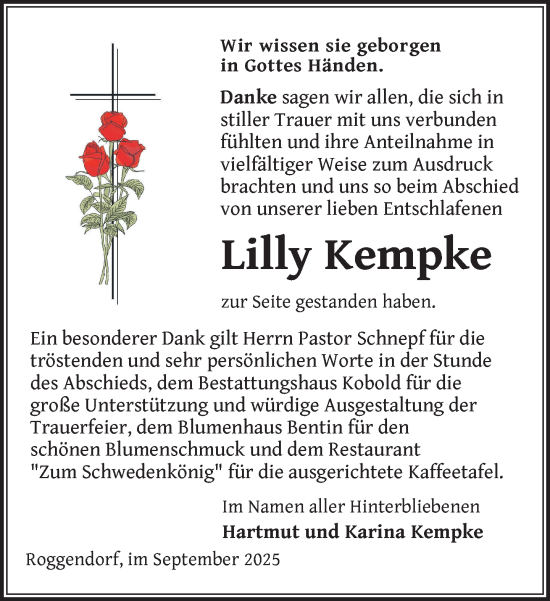 Traueranzeige von Lilly Kempke von Gadebusch - Rehnaer Zeitung