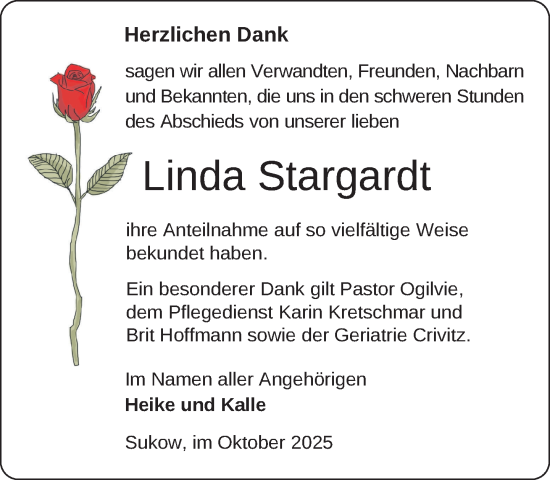 Traueranzeige von Linda Stargardt von Zeitung für die Landeshauptstadt
