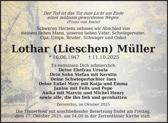 Traueranzeige von Lothar Müller von Uckermark Kurier Prenzlauer Zeitung