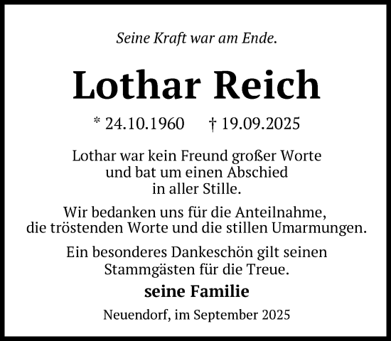 Traueranzeige von Lothar Reich von Gadebusch - Rehnaer Zeitung