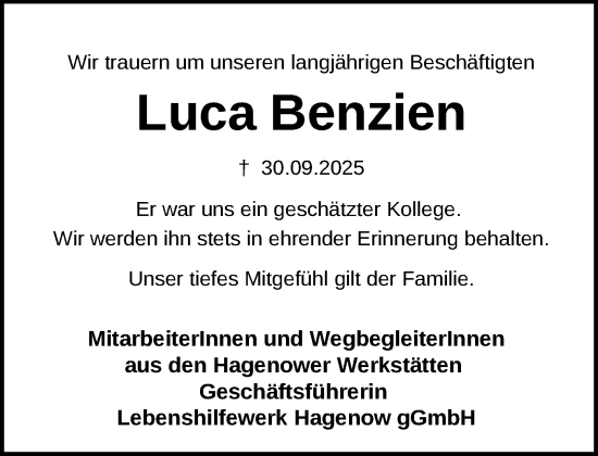 Traueranzeige von Luca Benzien von Hagenower Kreisblatt