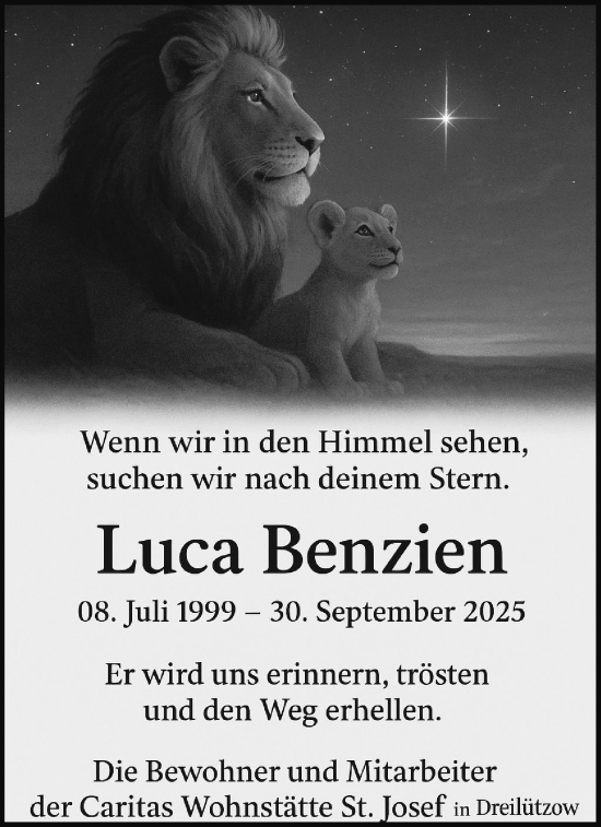 Traueranzeige von Luca Benzien von Hagenower Kreisblatt