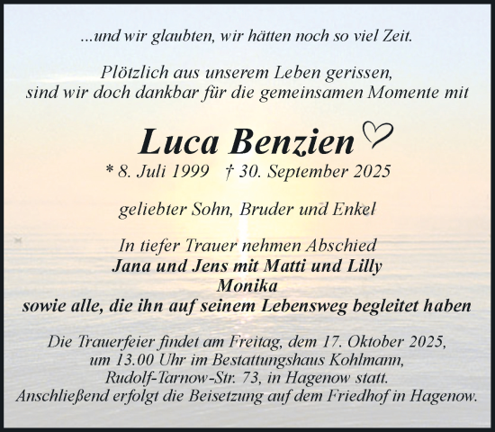 Traueranzeige von Luca Benzien von Hagenower Kreisblatt