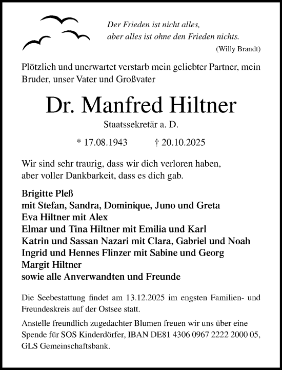 Traueranzeige von Manfred Hiltner von Zeitung für die Landeshauptstadt