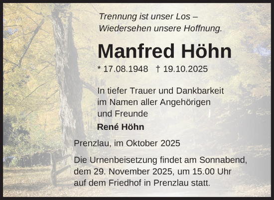 Traueranzeige von Manfred Höhn von Uckermark Kurier Prenzlauer Zeitung