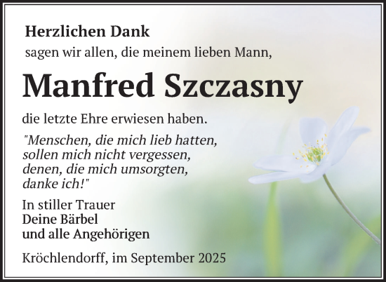 Traueranzeige von Manfred Szczasny von Uckermark Kurier Prenzlauer Zeitung