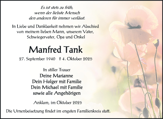 Traueranzeige von Manfred Tank von Nordkurier Vorpommern Kurier