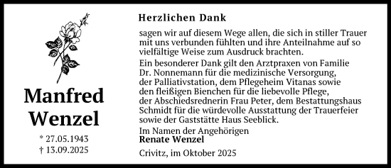 Traueranzeige von Manfred Wenzel von Zeitung für die Landeshauptstadt