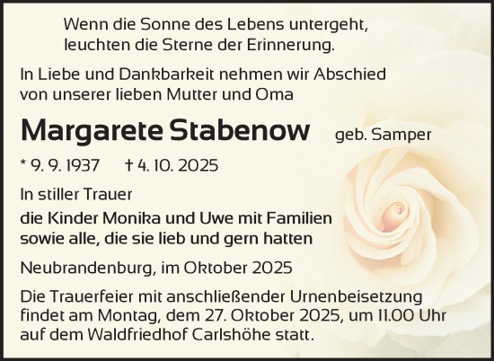 Traueranzeige von Margarete Stabenow von Nordkurier Neubrandenburger Zeitung