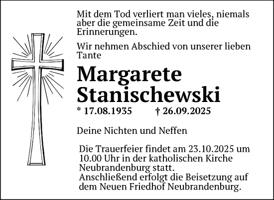 Traueranzeige von Margarete Stanischewski von Nordkurier Neubrandenburger Zeitung
