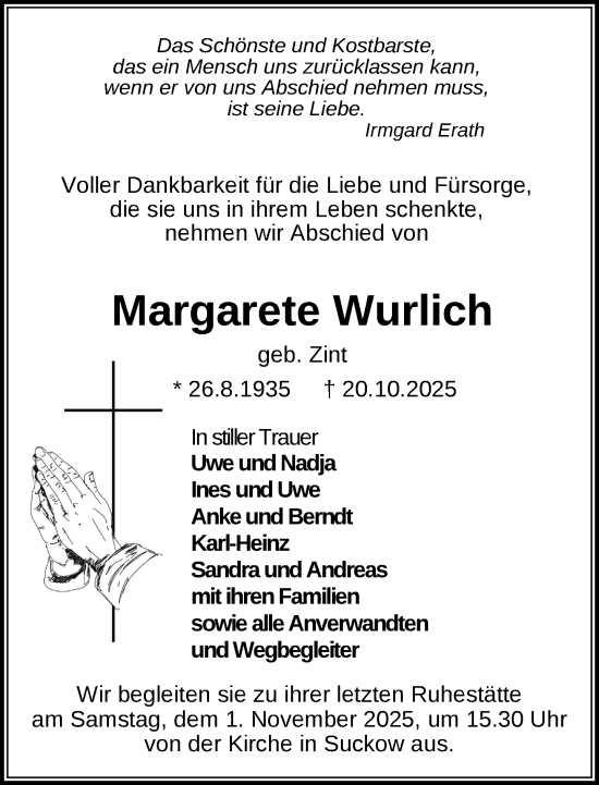 Traueranzeige von Margarete Wurlich von Parchim und Lübz