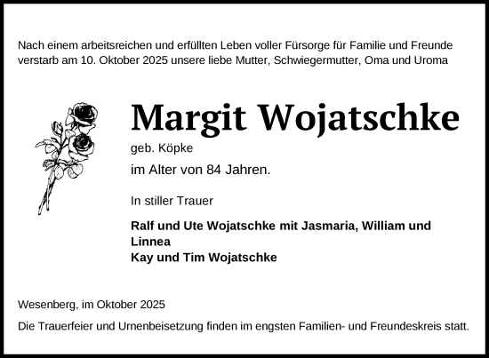 Traueranzeige von Margit Wojatschke von Nordkurier Neubrandenburger Zeitung