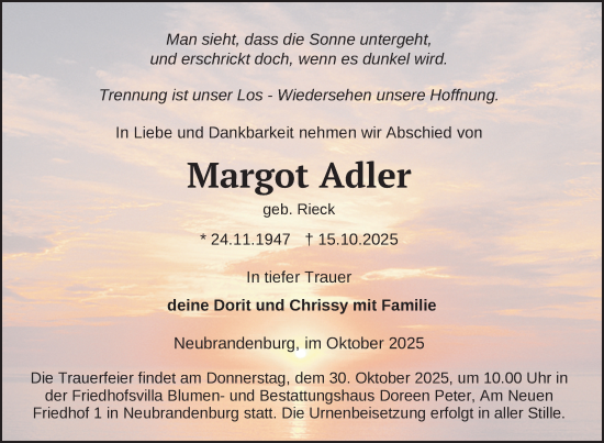 Traueranzeige von Margot Adler von Nordkurier Neubrandenburger Zeitung