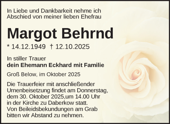 Traueranzeige von Margot Behrnd von Nordkurier Neubrandenburger Zeitung